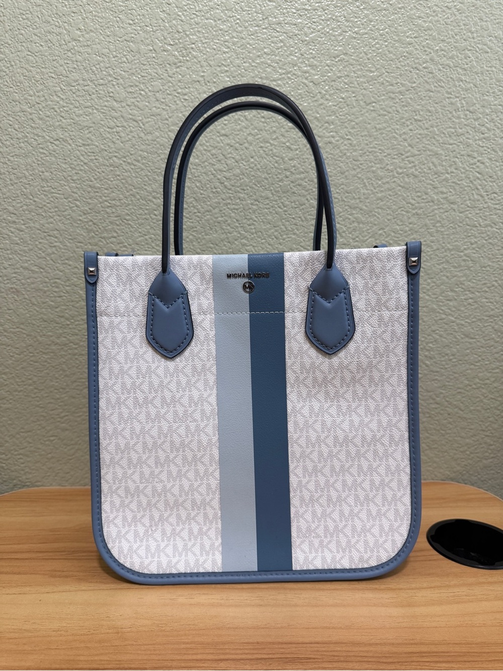 Michael Kors White Tote with Blue Stripe Trim